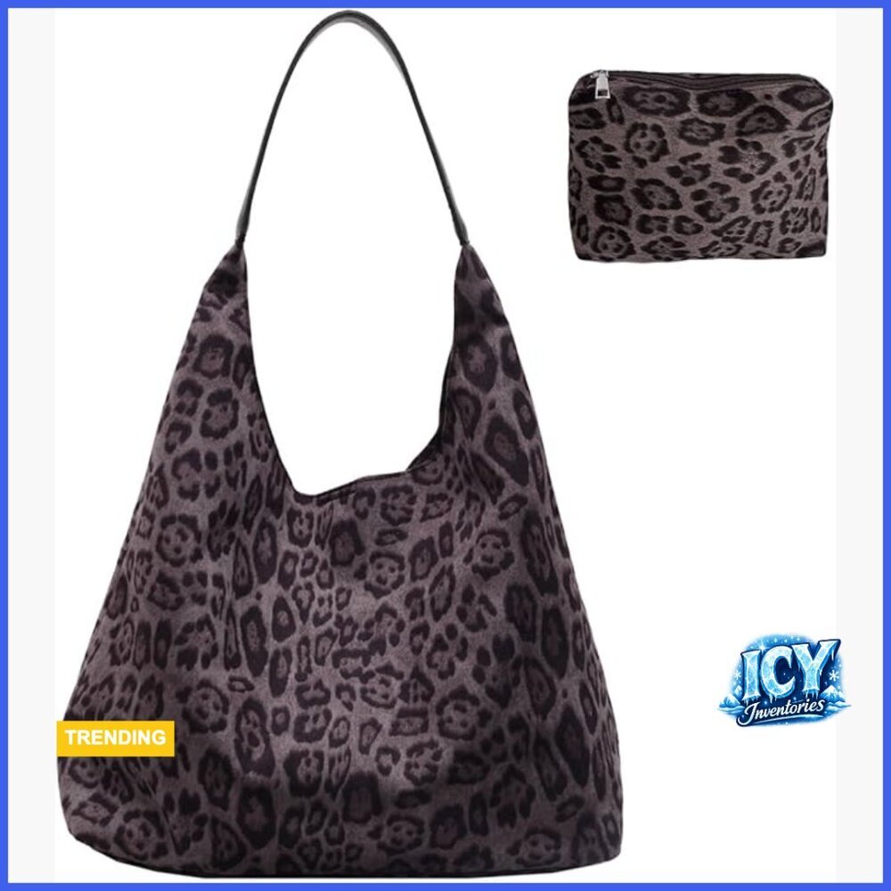 Faux suede leopard print shoulder bag with magnetic closure